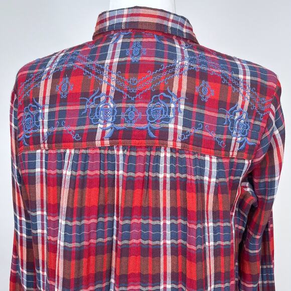 Free People Magical Plaid Embroidered Button Down Top Small Boho Western Fall - Picture 9 of 16